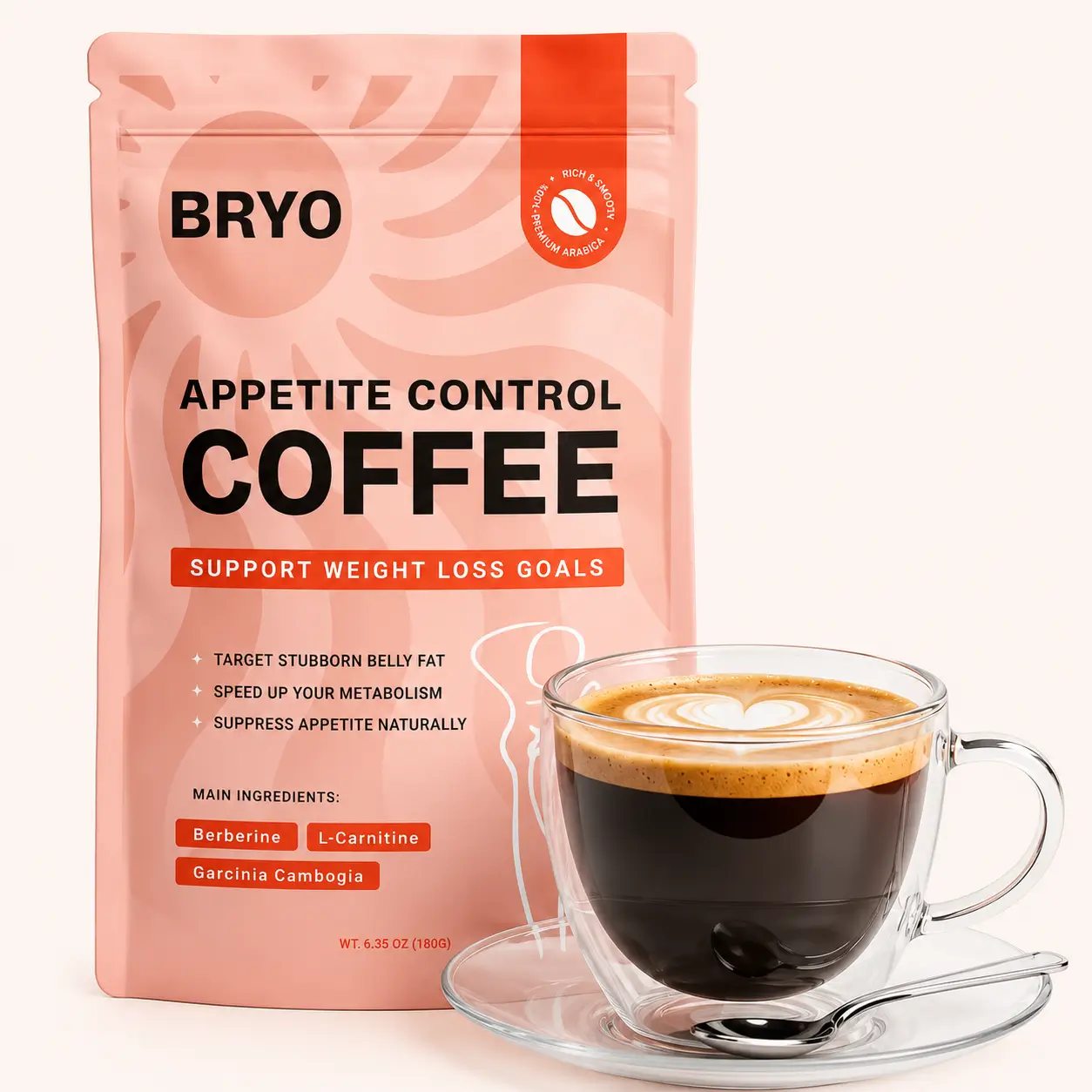 BRYO Appetite Control Coffee pouch with a cup of coffee